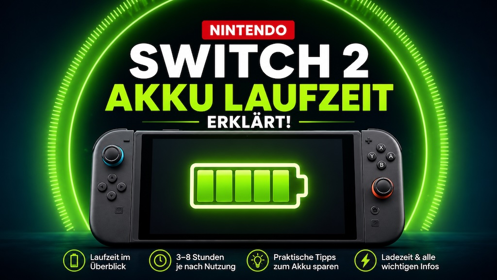 Nintendo Switch 2 mit Akku Symbol und Tipps zur Akkulaufzeit im Handheld Modus