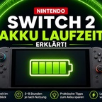 Nintendo Switch 2 mit Akku Symbol und Tipps zur Akkulaufzeit im Handheld Modus