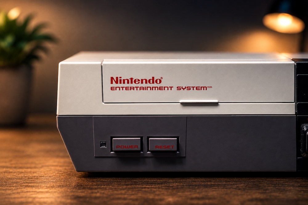 Nintendo Entertainment System mit klassischen NES Modulen und Retro Gaming Atmosphäre
