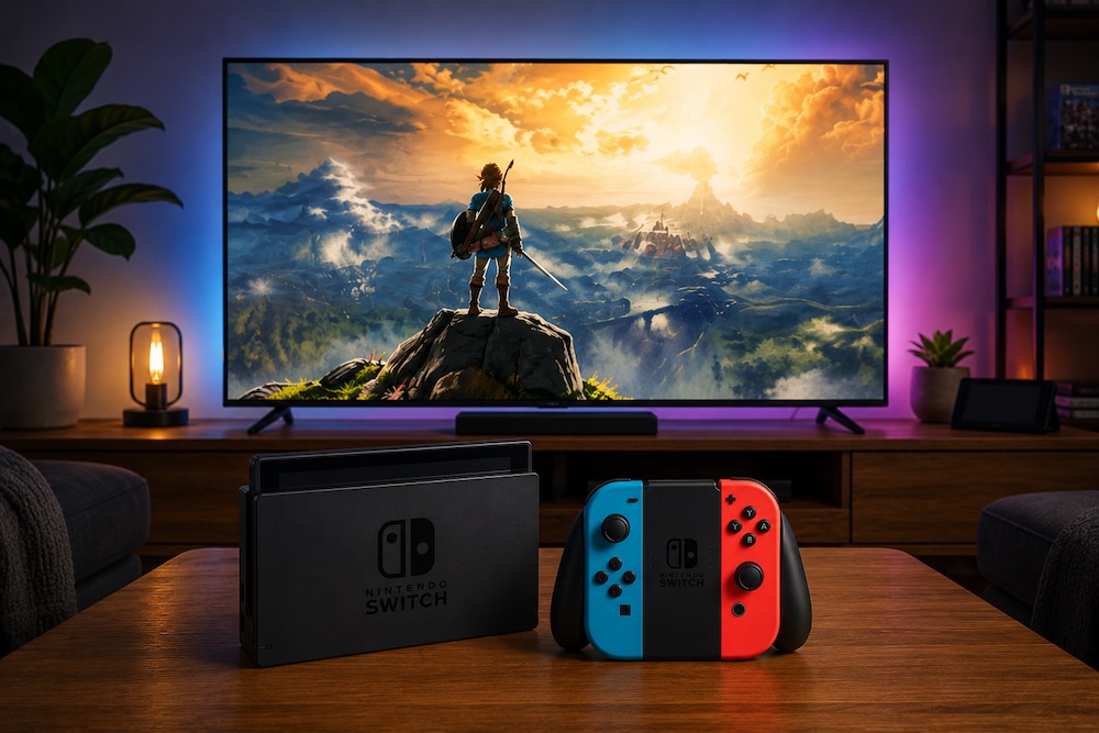 Nintendo Switch 2 an modernem Fernseher mit farbenfrohem Gaming Bild und HDR Darstellung