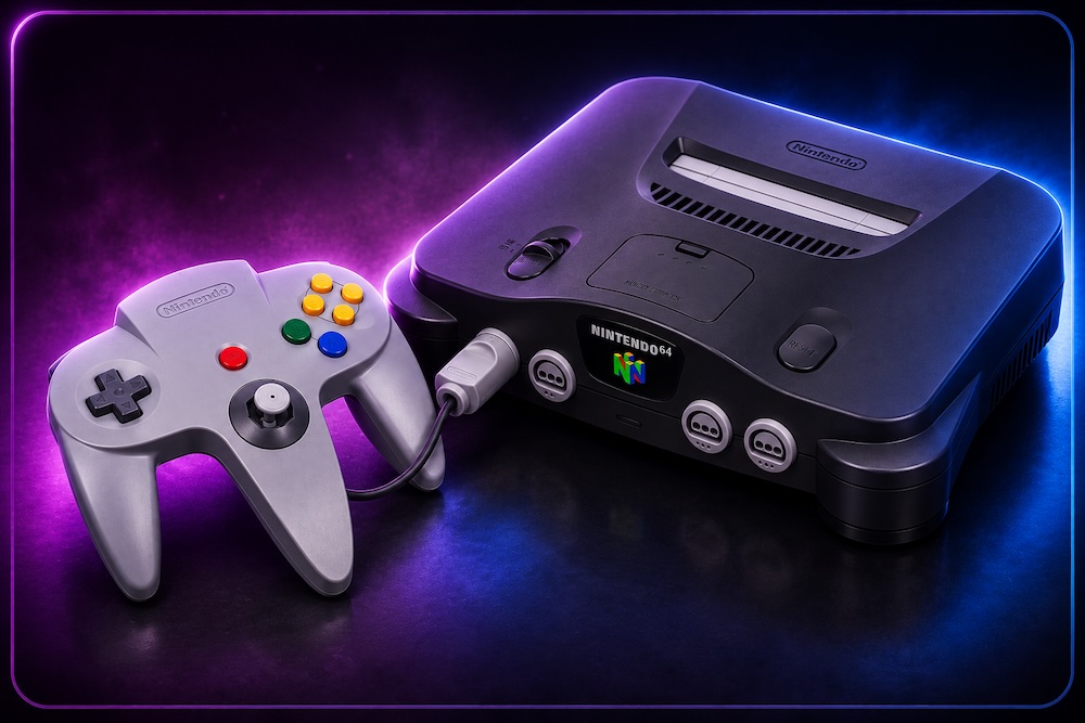 Nintendo 64 Konsole mit klassischen N64 Controllern und legendären Retro Spielen